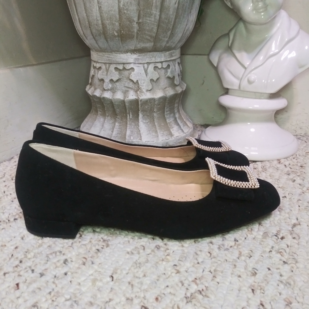 Alex Marie Black suede Flats with pearl Buckle